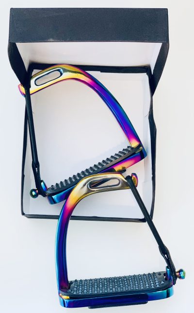 Rainbow Peacock Safety Stirrups in box
